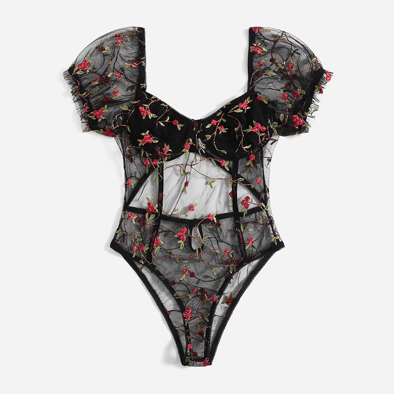 

Floral Embroidered Mesh Cut-out Teddy Bodysuit, Black