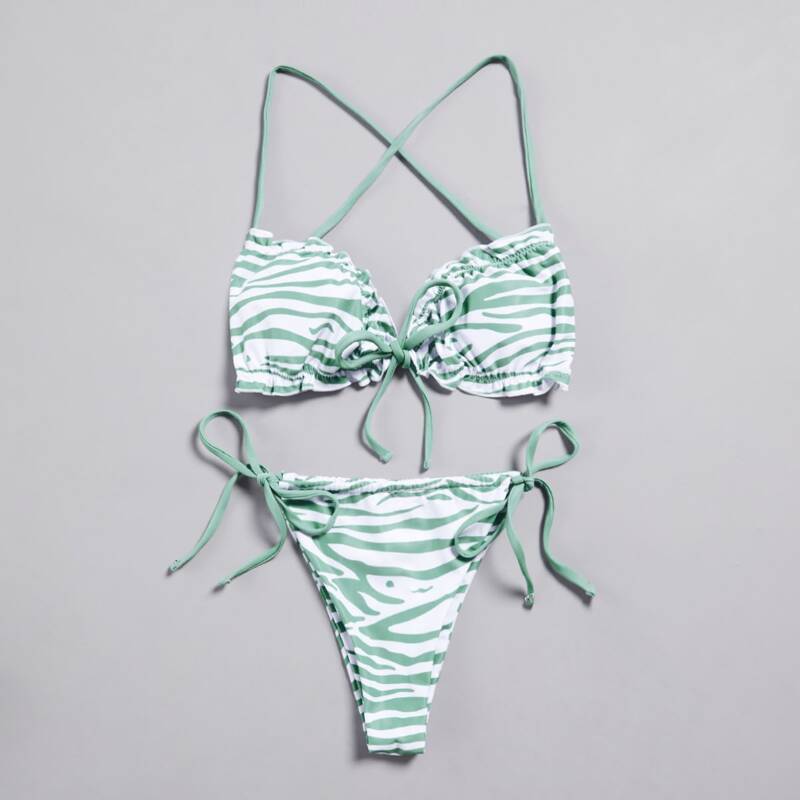 

Zebra Striped Criss Criss Back Bikini Swimsuit, Green