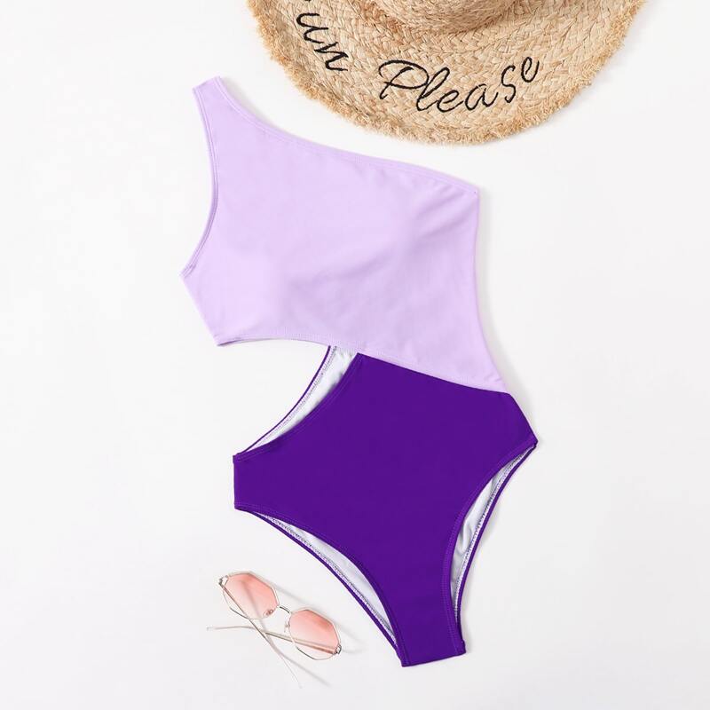 

Two Tone Cut Out One Piece Swimsuit, Purple