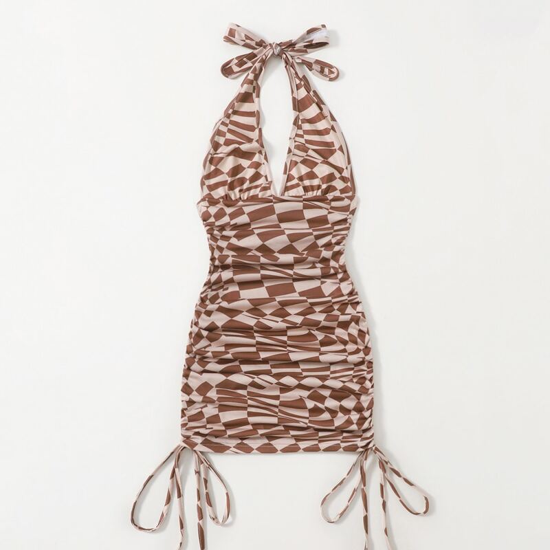 

Plaid Drawstring Ruched Halter Dress, Brown