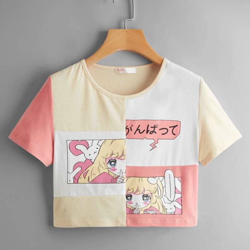

Colorblock Cartoon Graphic Crop Tee, Multicolor