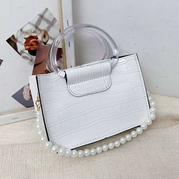 

Faux Pearl Decor Croc Embossed Satchel Bag, White