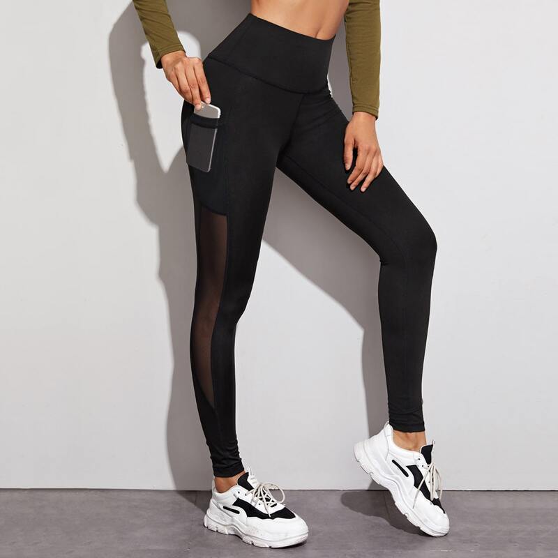 

Contrast Mesh Sports Leggings With Phone Pocket, Black