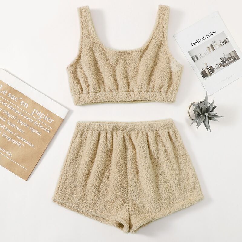 

Plus Solid Crop Cami Top & Shorts, Khaki