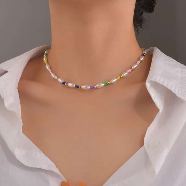 

Faux Pearl Beaded Necklace, Multicolor