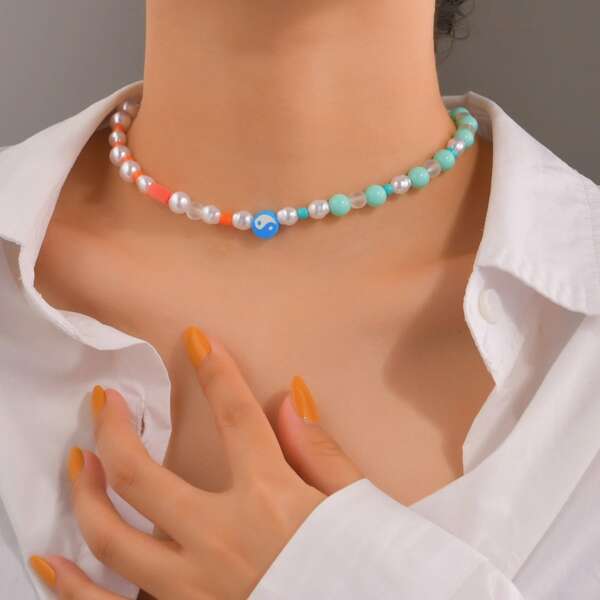 

Yin & Yang Detail Beaded Necklace, Multicolor