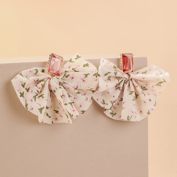 

Flower Print Fabric Decor Drop Earrings, Beige