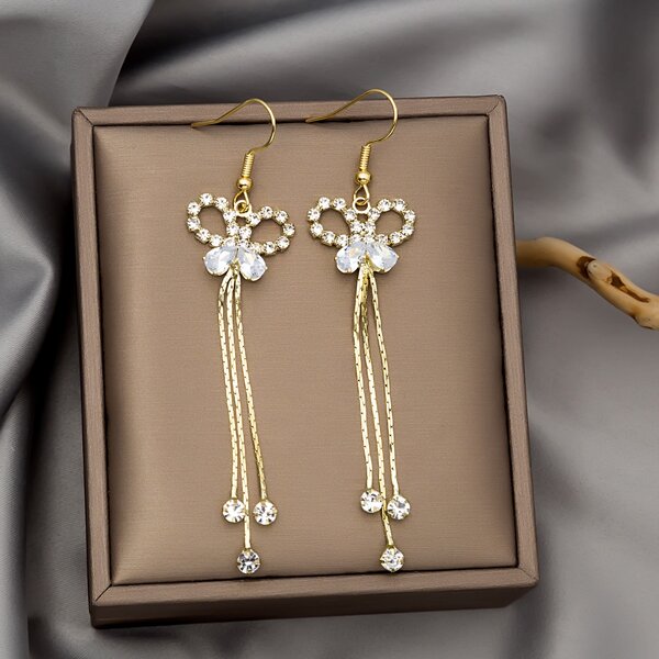 

Zircon Detail Metal Tassel Earrings, Gold