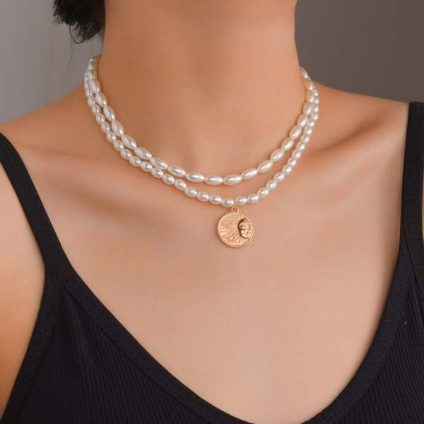 

Faux Pearl Decor Layered Necklace, White