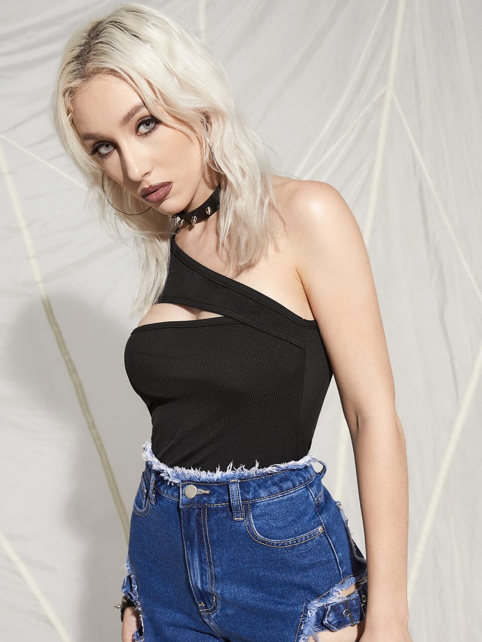 Solid One Shoulder Cut Out Rib-knit Top