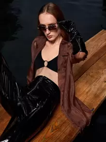 Redefinition Notched Collar Sheer Organza Blazer Without Belt & Gloves - Chocolate Brown - View 1