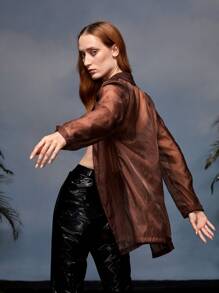 Redefinition Notched Collar Sheer Organza Blazer Without Belt & Gloves - Chocolate Brown - View 2