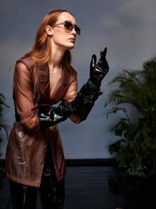 Redefinition Notched Collar Sheer Organza Blazer Without Belt & Gloves - Chocolate Brown - View 5