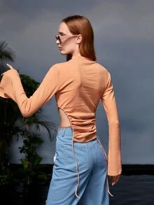 Celeste Tran Designer Mock Neck Cut Out Drawstring Hem Split Sleeve Top, Fall Women Clothes, For Autumn & Winter - Orange - View 2