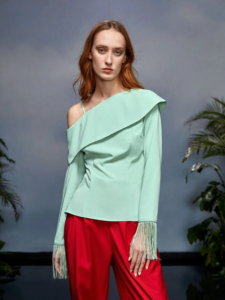 Areej Rimawi 不對稱領流蘇邊上衣 - 薄荷綠 - 查看 1