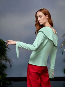 Areej Rimawi 不對稱領流蘇邊上衣 - 薄荷綠 - 查看 2