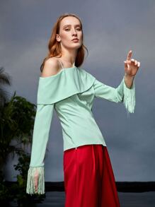 Areej Rimawi 不對稱領流蘇邊上衣 - 薄荷綠 - 查看 3