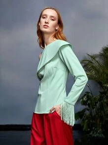 Areej Rimawi 不對稱領流蘇邊上衣 - 薄荷綠 - 查看 6