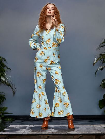 Areej Rimawi Floral Print Bishop Sleeve Flare Leg Jumpsuit