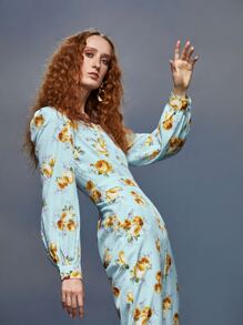 Areej Rimawi Floral Print Bishop Sleeve Flare Leg Jumpsuit - Multicolor - View 4