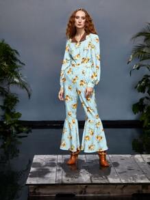 Areej Rimawi Floral Print Bishop Sleeve Flare Leg Jumpsuit - Multicolor - View 6