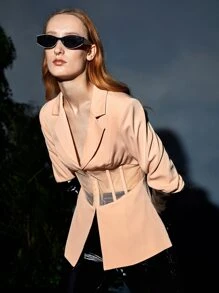 Areej Rimawi Contrast Mesh Hook And Eye Blazer - Apricot - View 1