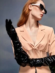 Areej Rimawi Contrast Mesh Hook And Eye Blazer - Apricot - View 4