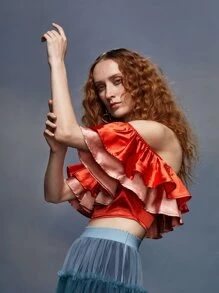 RECKLESS ERICKA Off Shoulder Color Block Layered Ruffle Crop Top - Orange - View 1