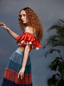 RECKLESS ERICKA Off Shoulder Color Block Layered Ruffle Crop Top - Orange - View 2