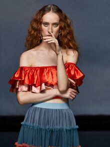 RECKLESS ERICKA Off Shoulder Color Block Layered Ruffle Crop Top - Orange - View 3