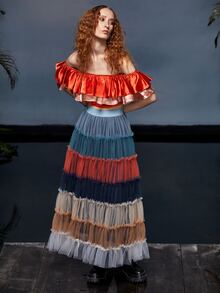 RECKLESS ERICKA Off Shoulder Color Block Layered Ruffle Crop Top - Orange - View 5