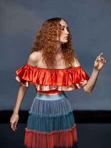 RECKLESS ERICKA Off Shoulder Color Block Layered Ruffle Crop Top - Orange - View 6