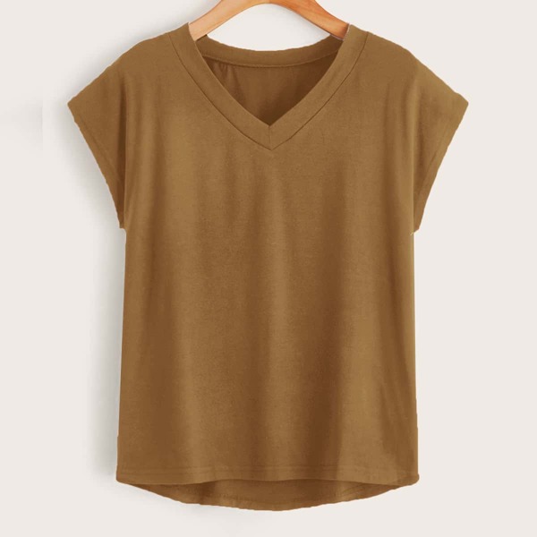 

V-neck Dip Hem Tee, Khaki