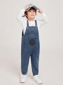 Young Boy Unisex Casual Street Style Retro Animal Face Printed Loose Fit Overalls With Circular Pockets, Adjustable Strap And Tapered Jeans, Must-Have Fashionable Denim Clothing For Kids All Year Round - Medium Wash - View 1