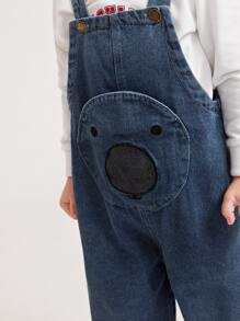 Young Boy Unisex Casual Street Style Retro Animal Face Printed Loose Fit Overalls With Circular Pockets, Adjustable Strap And Tapered Jeans, Must-Have Fashionable Denim Clothing For Kids All Year Round - Medium Wash - View 5