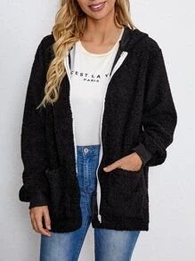 EMERY ROSE Solid Hooded Teddy Coat - Black - View 1