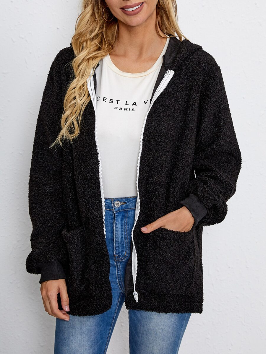 EMERY ROSE Solid Hooded Teddy Coat - Black - View 1