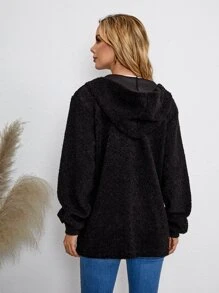 EMERY ROSE Solid Hooded Teddy Coat - Black - View 2
