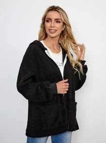 EMERY ROSE Solid Hooded Teddy Coat - Black - View 3