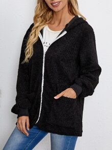 EMERY ROSE Solid Hooded Teddy Coat - Black - View 4