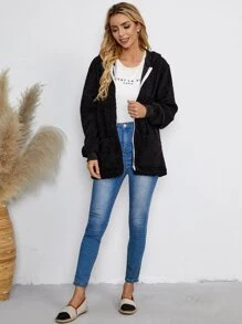 EMERY ROSE Solid Hooded Teddy Coat - Black - View 5