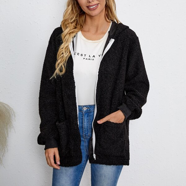 

Solid Hooded Teddy Coat, Black