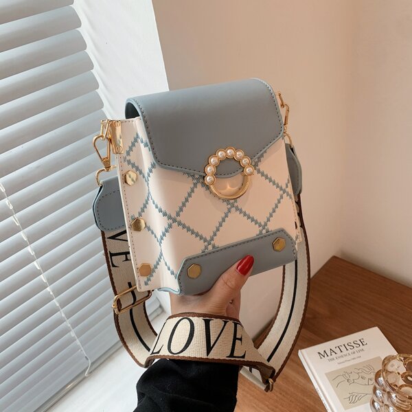 

Faux Pearl Decor Stitch Trim Crossbody Bag, Blue and white
