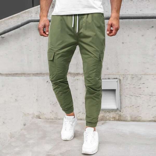 

Men Flap Pocket Drawstring Waist Pants, Army green