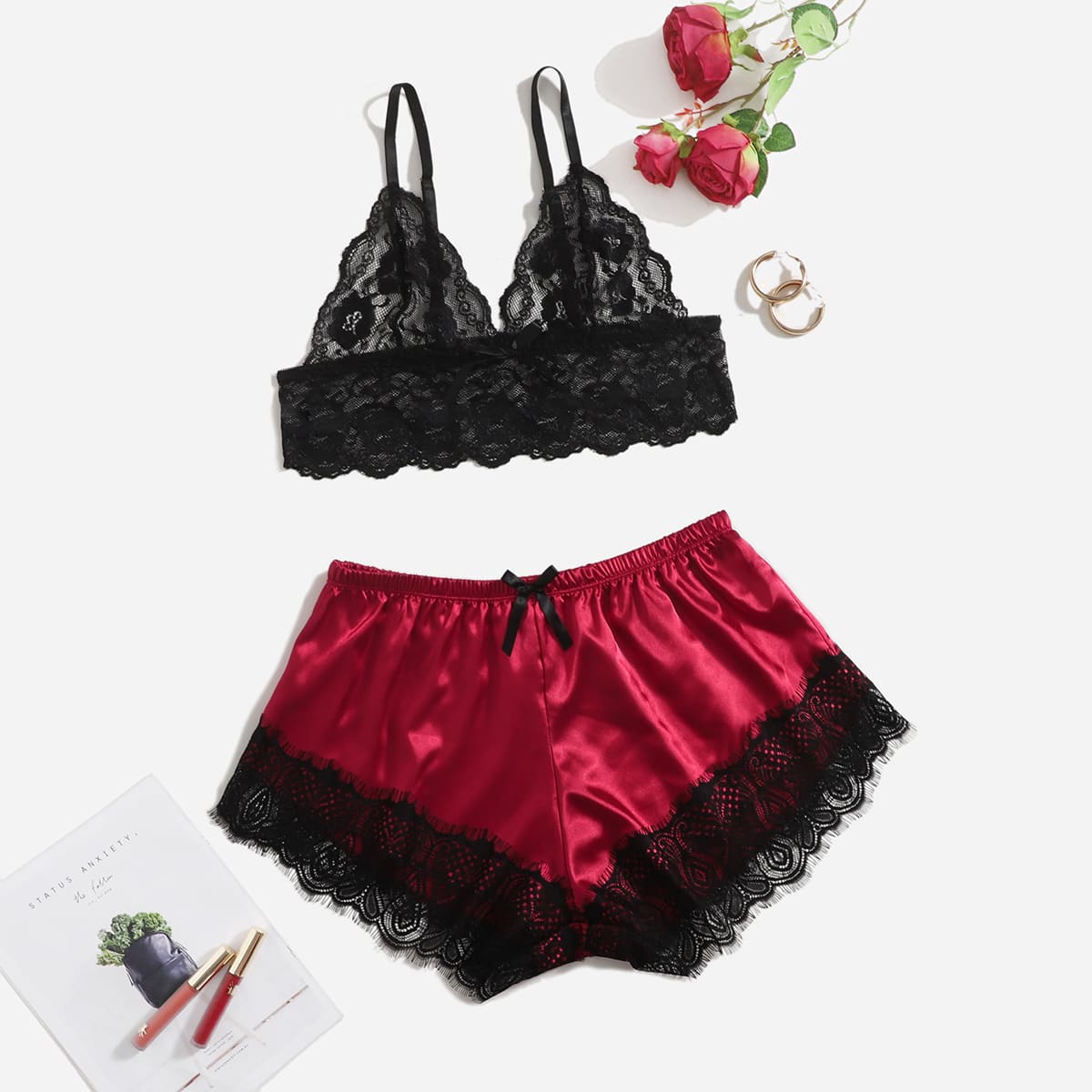 

Plus Scallop Trim Floral Lace Bralette & Satin Shorts, Multicolor
