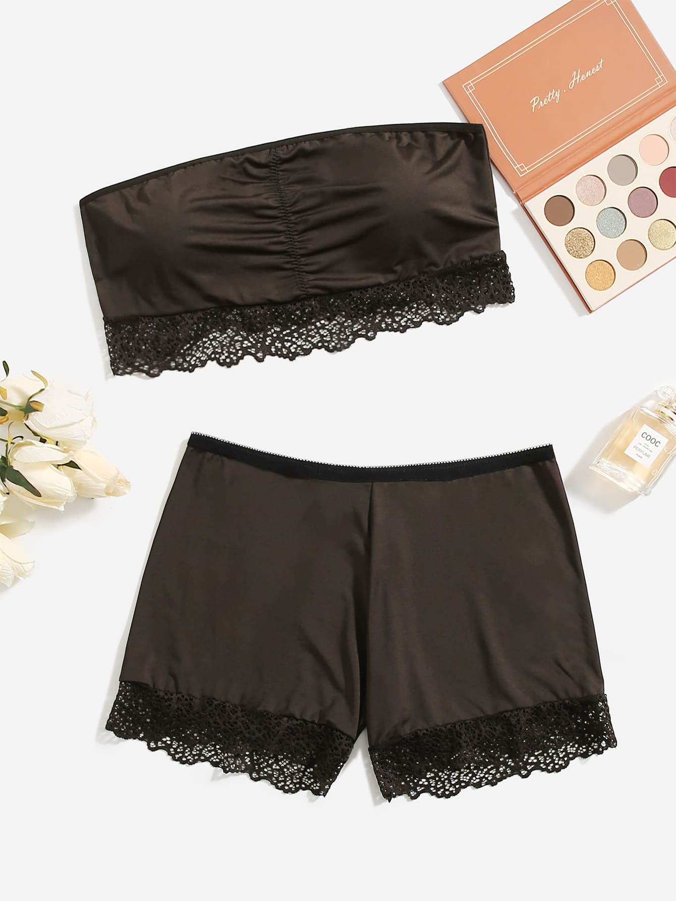 Plus Contrast Lace Bandeau Lingerie Set - Chocolate Brown - View 1