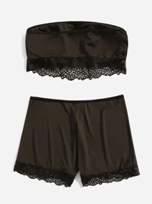 Plus Contrast Lace Bandeau Lingerie Set - Chocolate Brown - View 2