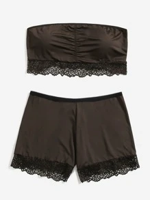 Plus Contrast Lace Bandeau Lingerie Set - Chocolate Brown - View 4