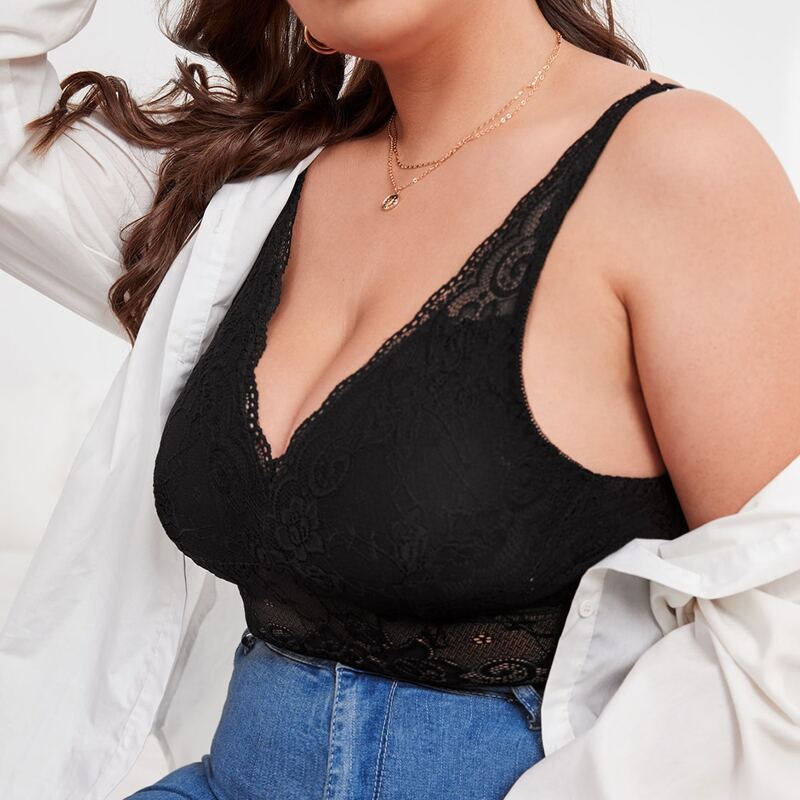

Plus Floral Lace Longline Bralette, Black