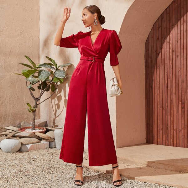 

1pc Surplice Front Puff Sleeve Belted Jumpsuit, Burgundy